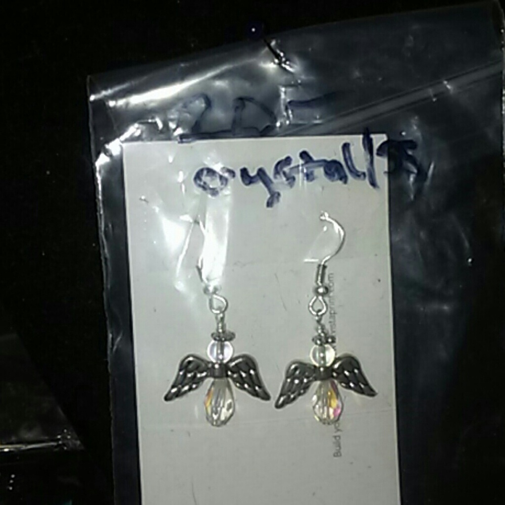 Crystal angel earrings real silver hooks